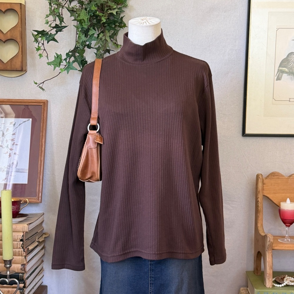 Brown Ribbed Long sleeve Top Mock Neck Granola L Indie Grunge 90s Vintage